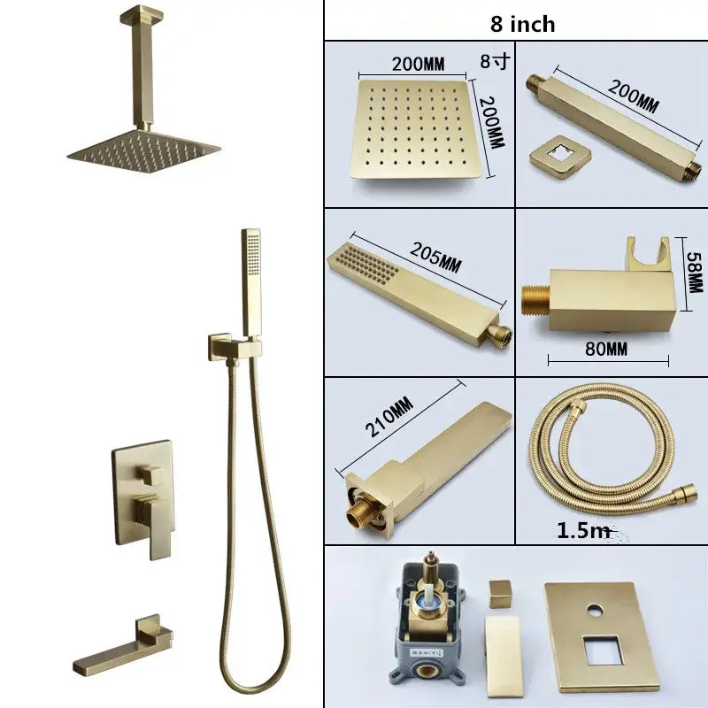 Modern brushed gold shower set with square rainfall head handheld sprayer and matching decorbites brushed gold fixtures