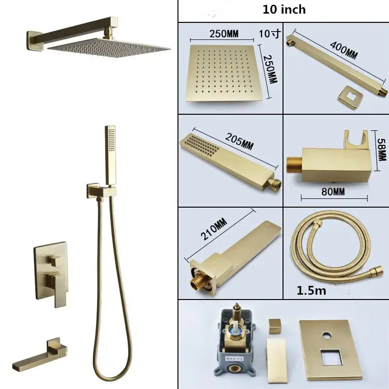 Modern brushed gold shower set with square rainfall head handheld sprayer and wall-mounted valve decorbites brushed gold