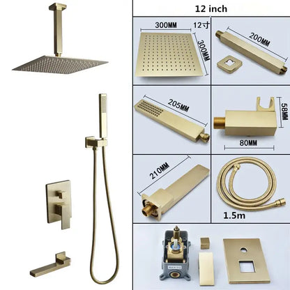 Modern brushed gold shower set featuring a 12-inch square rain shower head with sleek perforated design decorbites brushed gold