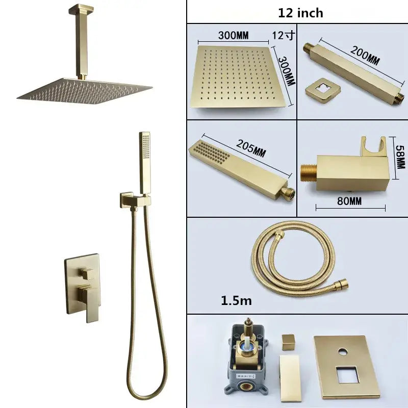 Modern brushed gold shower set featuring a 12-inch square rain shower head with perforated surface for even water distribution decorbites brushed gold