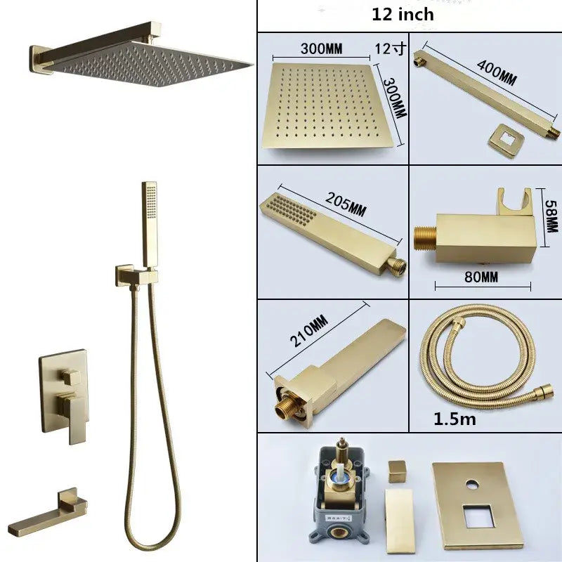 Modern brushed gold shower set featuring a gold-finished square rainfall showerhead with multiple spray nozzles decorbites brushed gold