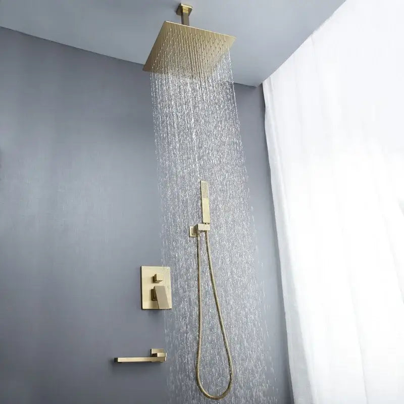 Modern brushed gold shower set with square rainfall head handheld shower