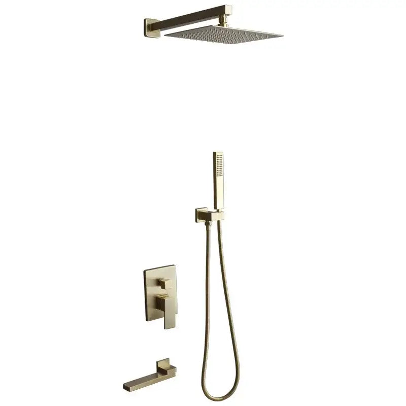 Modern brushed gold shower set with square rainfall head handheld sprayer and minimalist wall controls decorbites brushed gold