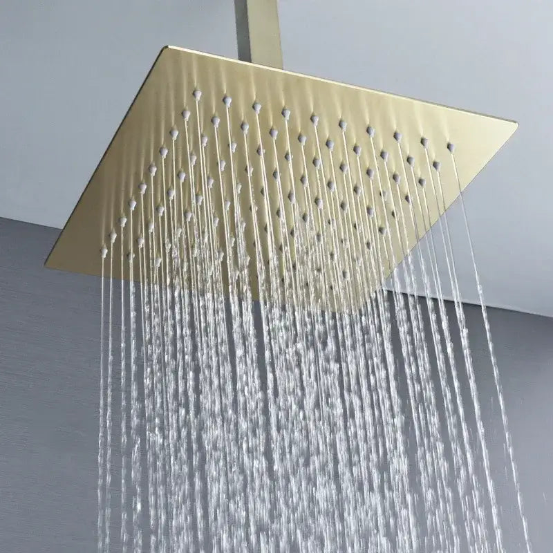 Modern brushed gold shower set square rainfall head in brushed gold with multiple water streams flowing downward