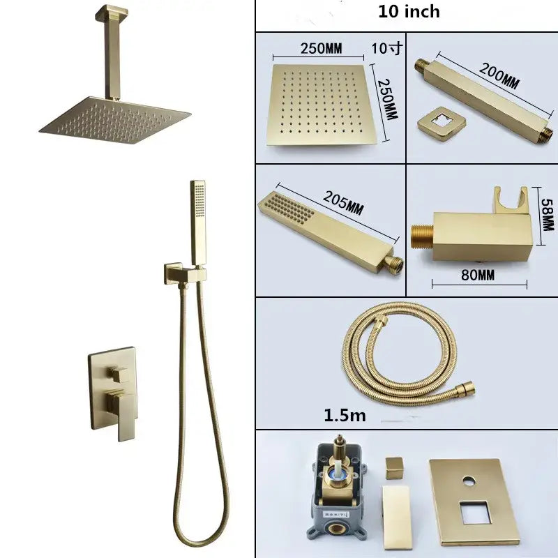 Modern brushed gold shower set featuring a gold-finished square rain shower head with a perforated surface for even water flow