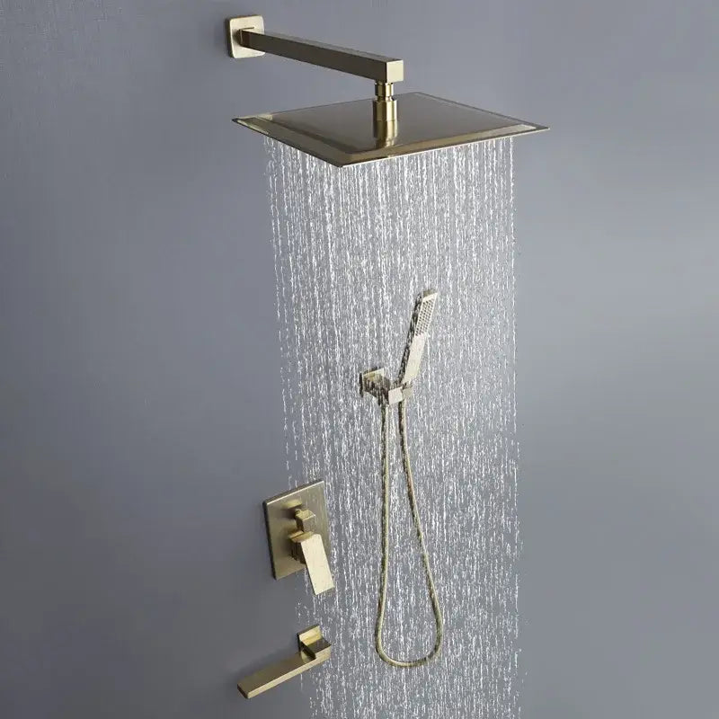 Modern brushed gold shower set with square rainfall head handheld sprayer and wall-mounted control valve by decorbites
