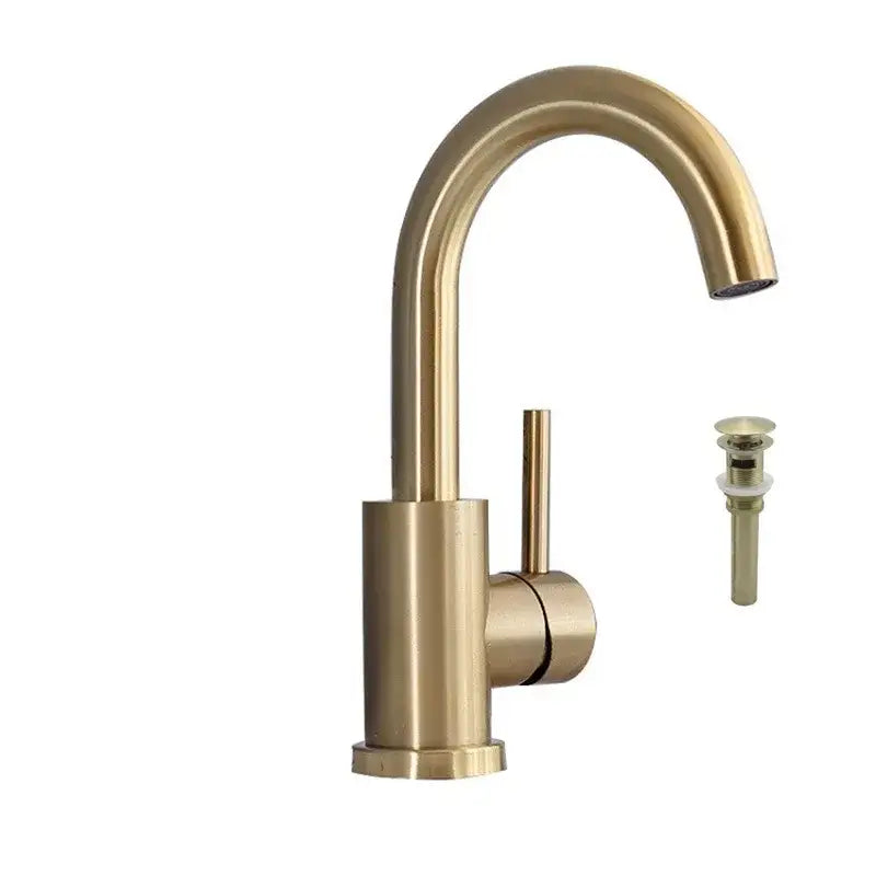 Modern brushed gold basin faucet with brass finish, single handle, sleek curved spout for bathroom mixer tap