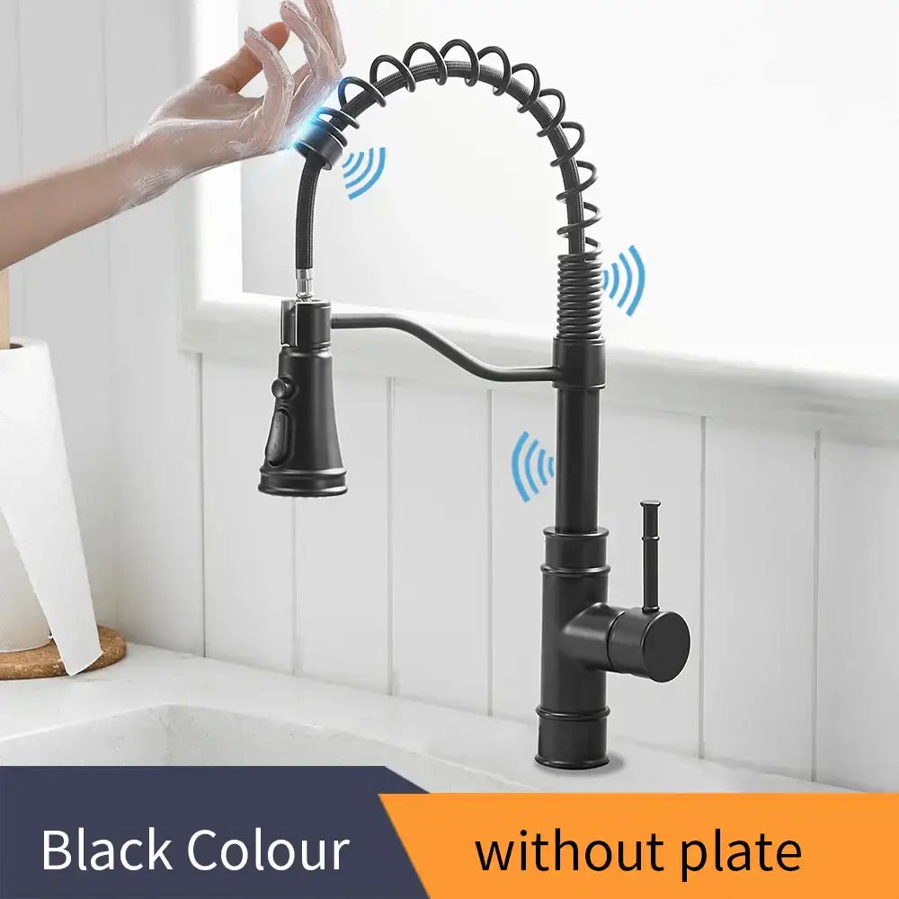 Black matte smart sensor kitchen faucet with flexible coiled gooseneck and pull-down spray head dual outlet design