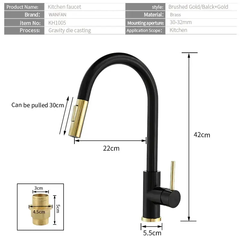 Modern brushed gold smart sensor kitchen faucet with dual outlet black and gold brass pull-down spout sensor kitchen faucet