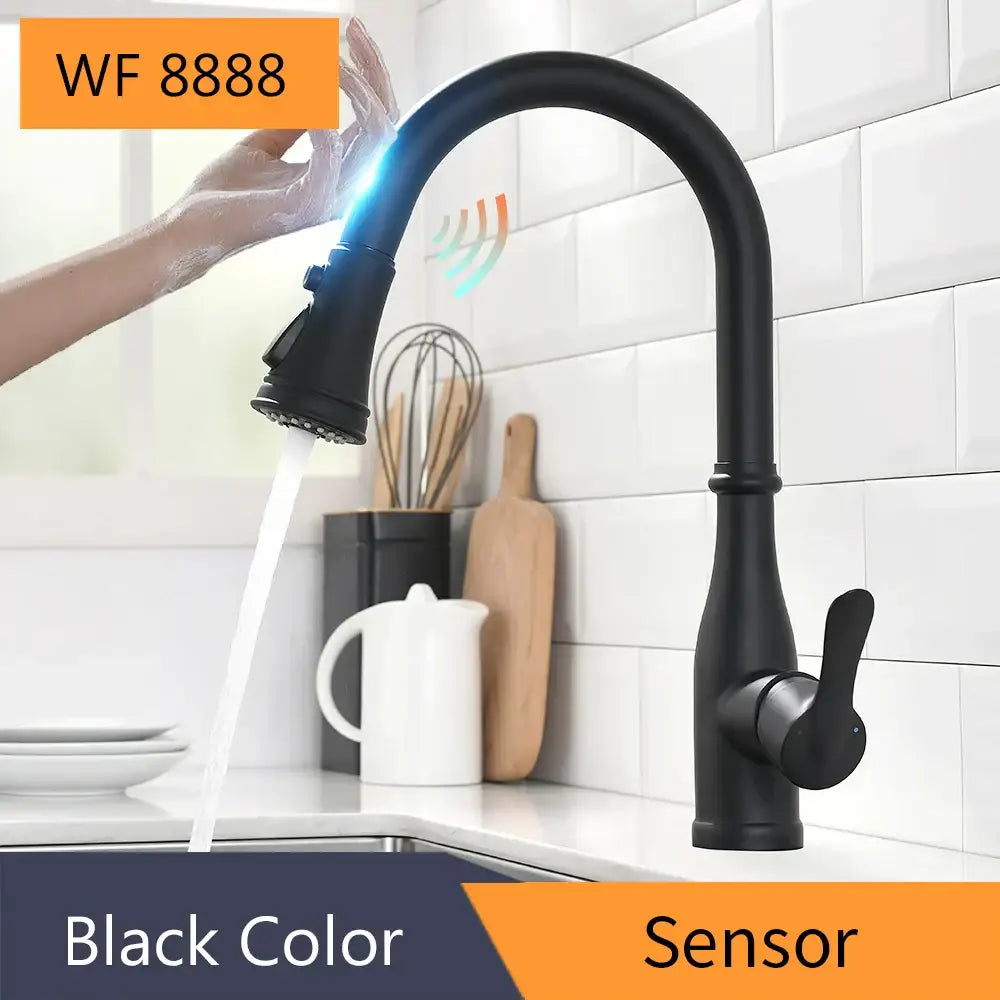 Black matte finish smart sensor kitchen faucet with sleek curved spout and pull down spray head for modern use