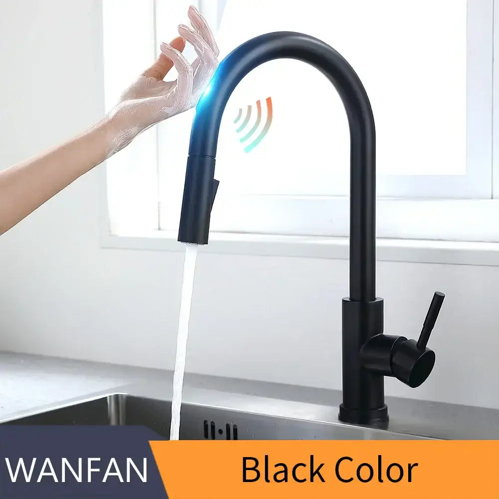Black matte smart sensor kitchen faucet with dual outlet and touchless modern design for convenient use