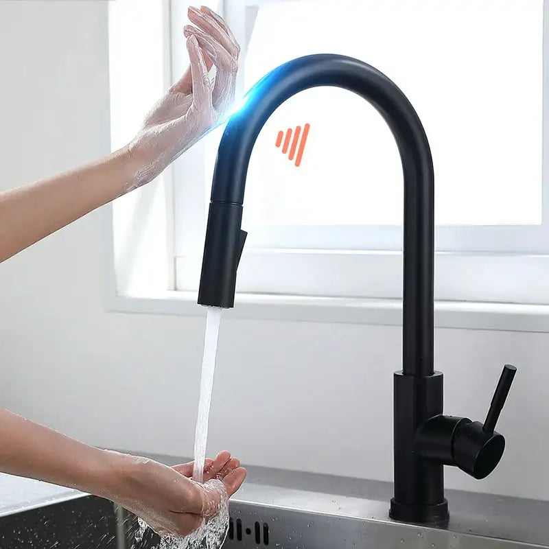 Black matte smart sensor kitchen faucet with sleek curved spout and pull-down spray head for modern use