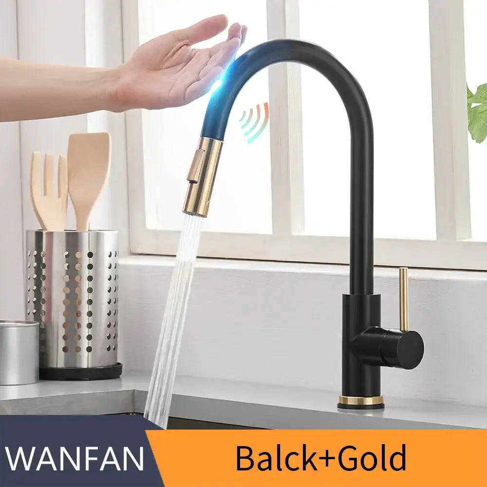 Modern brushed gold smart sensor kitchen faucet with dual outlet, black and gold design, brass accents, and infrared hands-free operation