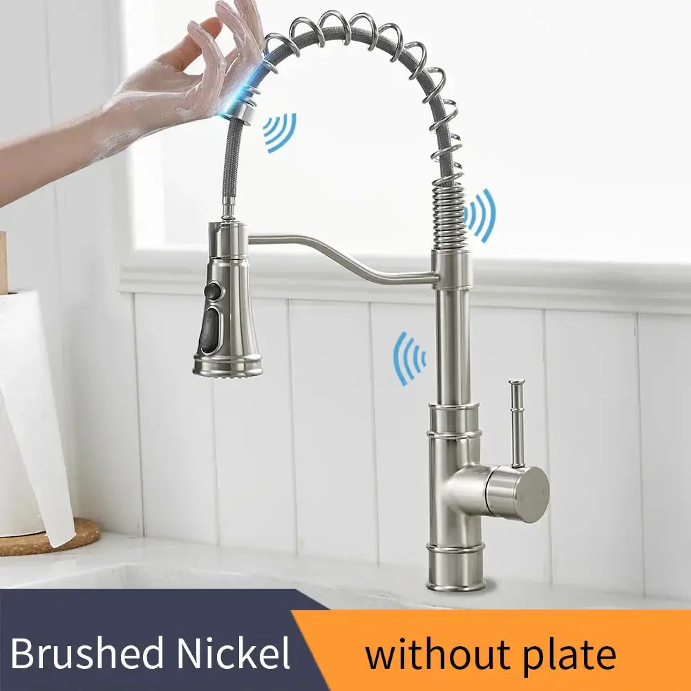 Modern brushed gold smart sensor kitchen faucet with brushed nickel flexible coiled gooseneck spout and pull-down spray head