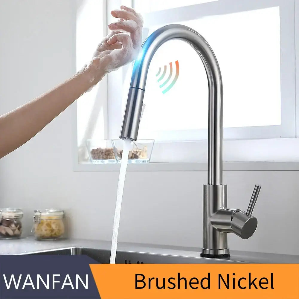 Brushed nickel smart sensor kitchen faucet with sleek curved spout and pull-down spray head for modern use