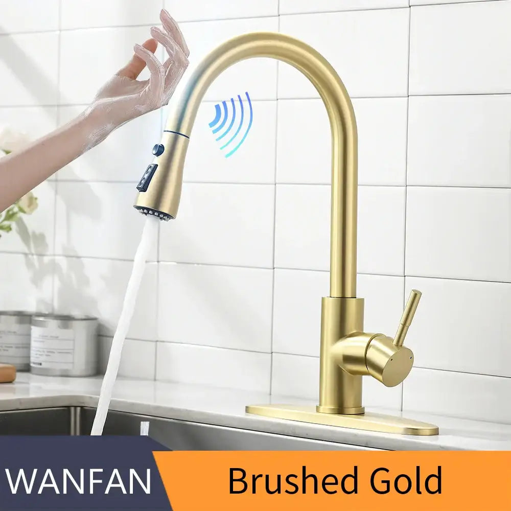 Modern brushed gold smart sensor kitchen faucet with dual outlet and touchless sensor technology for efficient use