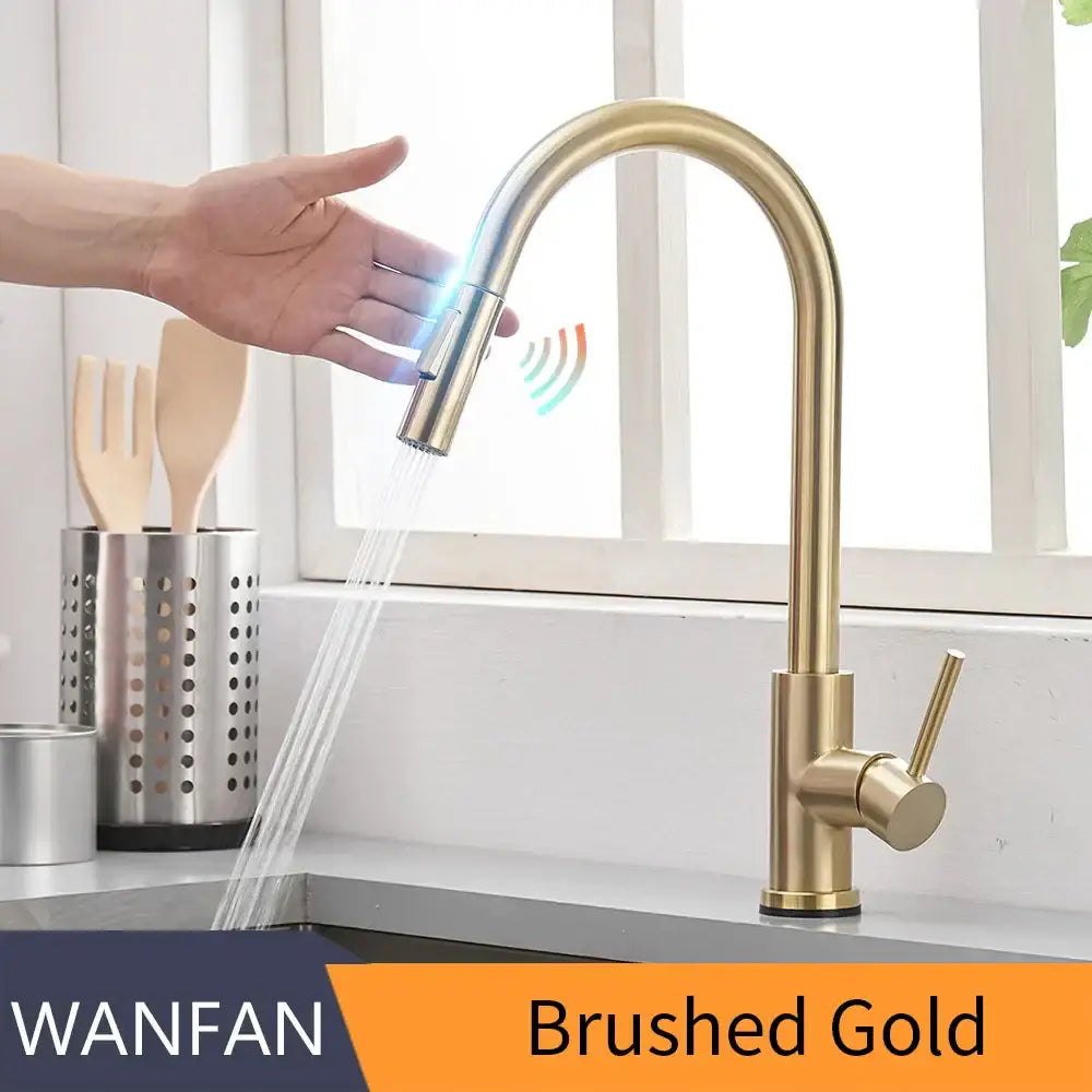 Modern brushed gold smart sensor kitchen faucet with dual outlet and touchless sensor technology for easy use