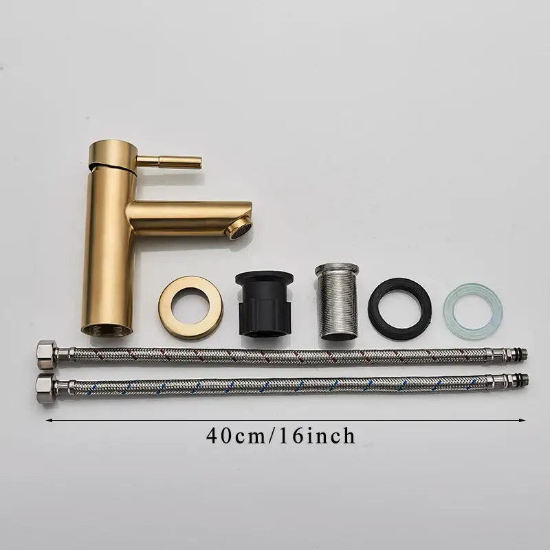 Modern brushed gold solid brass bathroom faucet single handle tap with matching brass spout, hoses, and mounting hardware