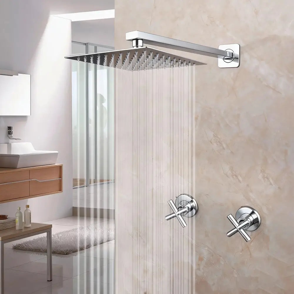 Modern brushed gold square rainfall shower set with chrome-finished square rain shower head on adjustable arm