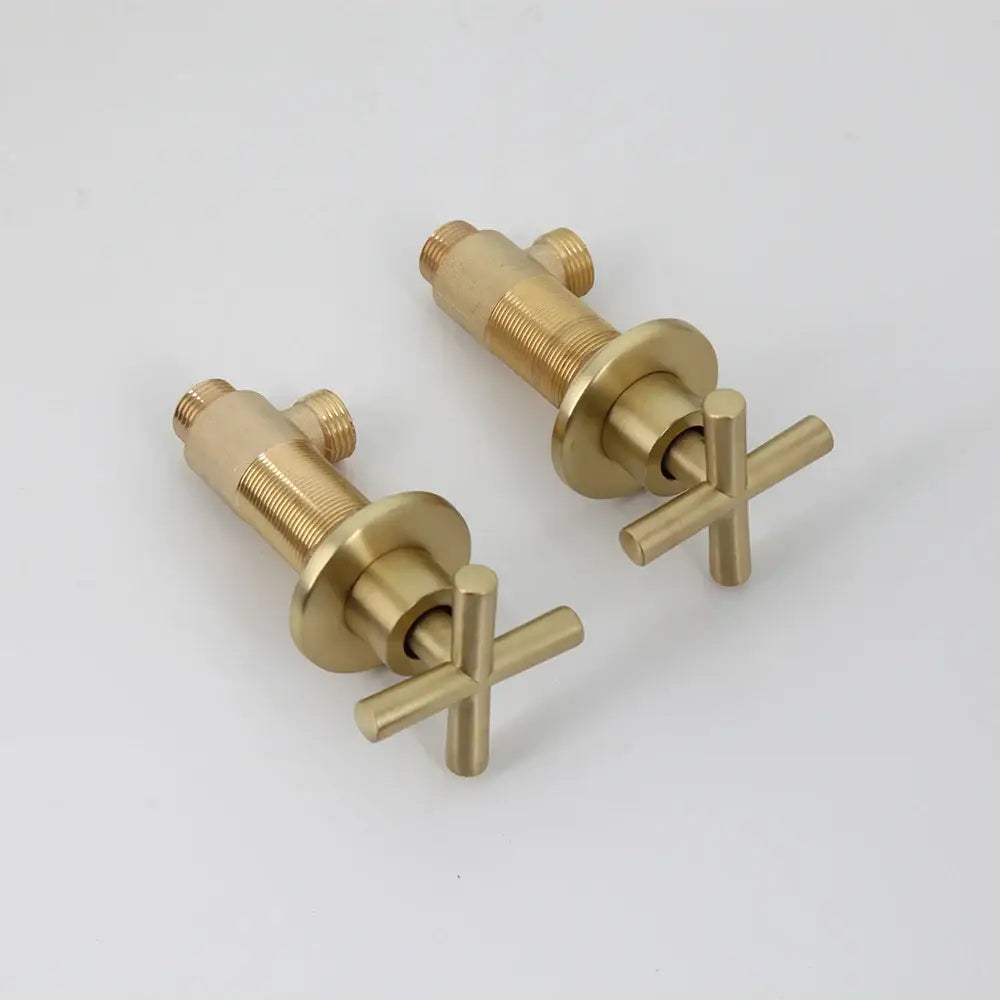 Pair of brushed brass cross-handle bathroom faucets with threaded connections for modern brushed gold square rainfall shower set