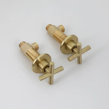 Pair of brushed brass cross-handle bathroom faucets with threaded connections for modern brushed gold square rainfall shower set