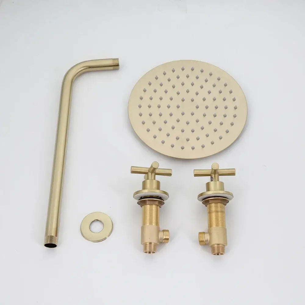 Modern brushed gold square rainfall shower set with gold-toned brass shower head fixtures and curved hose for bathroom use