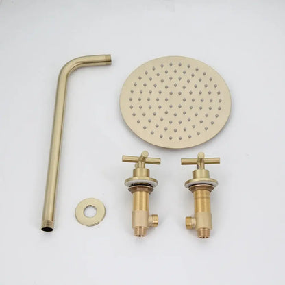 Modern brushed gold square rainfall shower set with gold-toned brass shower head fixtures and curved hose for bathroom use