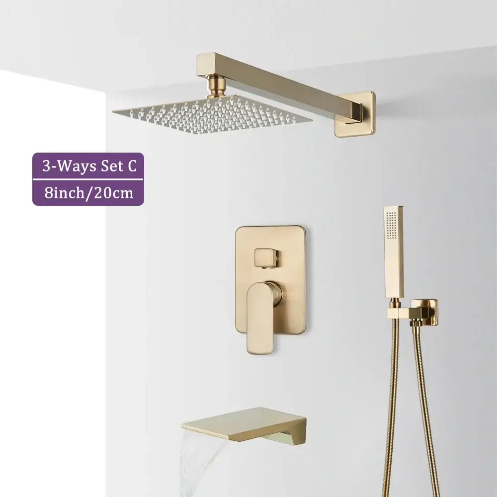Modern brushed gold shower faucet set with square rainhead, wall-mounted control valve, and handheld shower wand