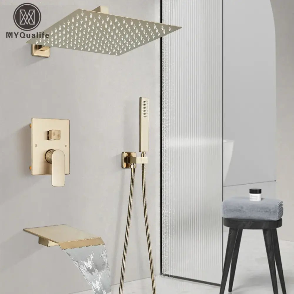 Modern brushed gold square shower faucet set featuring a perforated rainfall shower head and matching wall controls