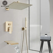 Modern brushed gold square shower faucet set featuring a perforated rainfall shower head and matching wall controls