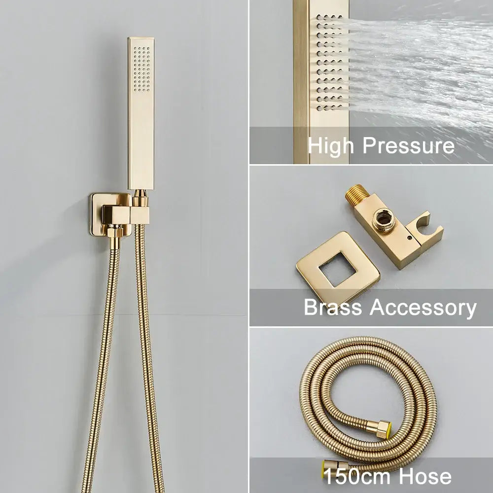 Modern brushed gold square shower faucet set with rectangular high-pressure showerhead and sleek design
