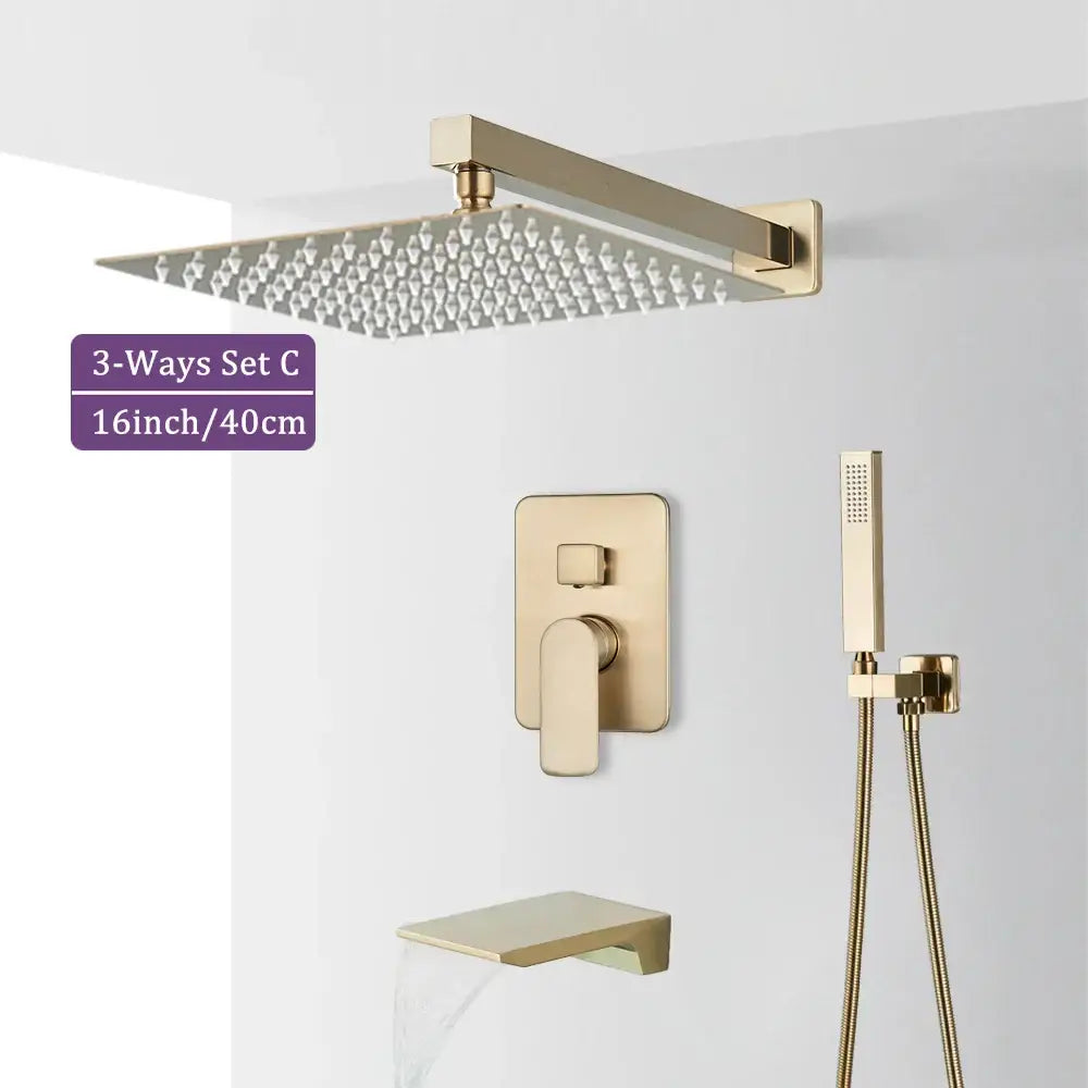 Modern brushed gold shower faucet set with square rainhead, wall-mounted valve, and handheld sprayer for bathroom use