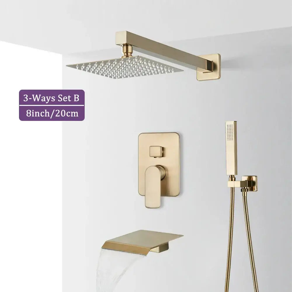Modern brushed gold square shower faucet set with three-way control valve and handheld spray nozzle for bathroom rainfall use