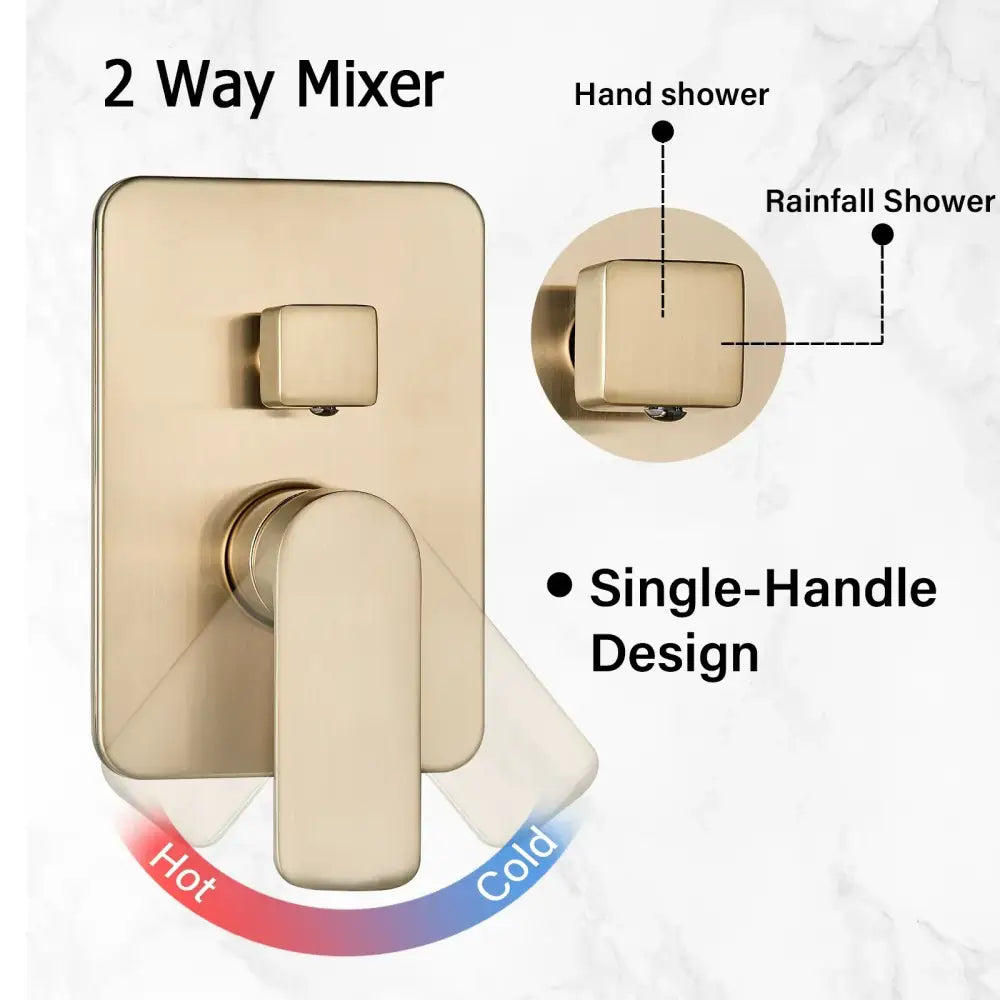 Modern brushed gold square shower faucet set with single-handle 2-way mixer featuring hand and rainfall shower options