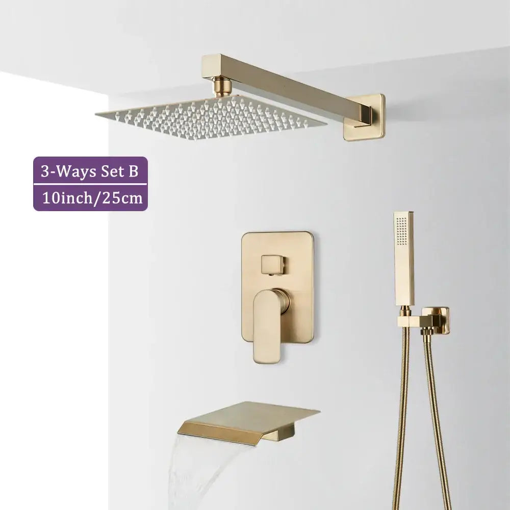 Modern brushed gold shower faucet set with square rainhead, wall-mounted valve, and handheld shower wand