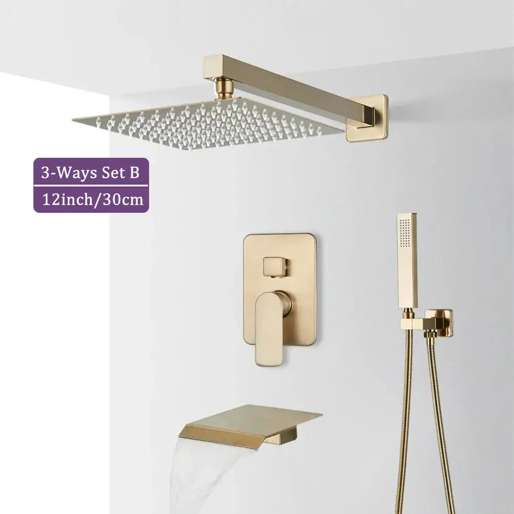 Modern brushed gold square shower faucet set with rainhead, wall-mounted valve, and handheld sprayer in metallic finish