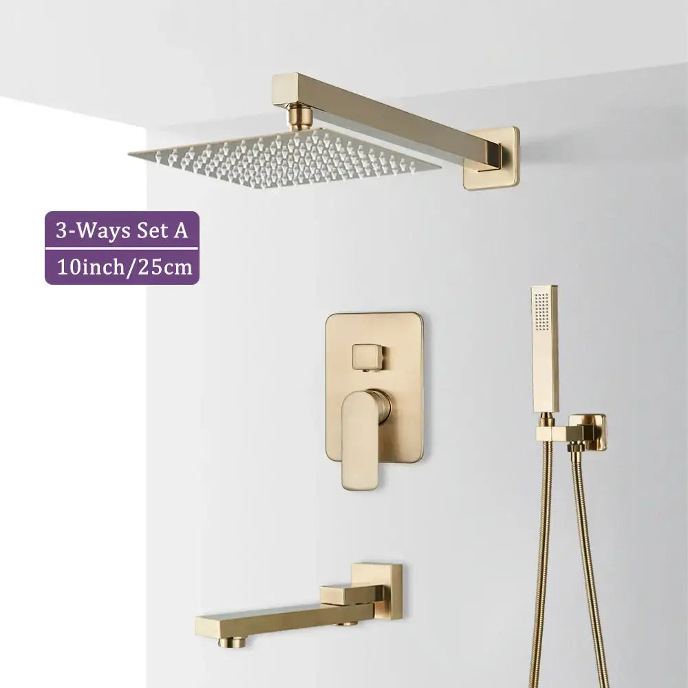 Modern brushed gold square shower faucet set with rainhead wall-mounted valve and handheld sprayer for bathroom use