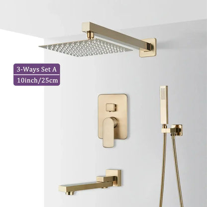 Modern brushed gold square shower faucet set with rainhead wall-mounted valve and handheld sprayer for bathroom use