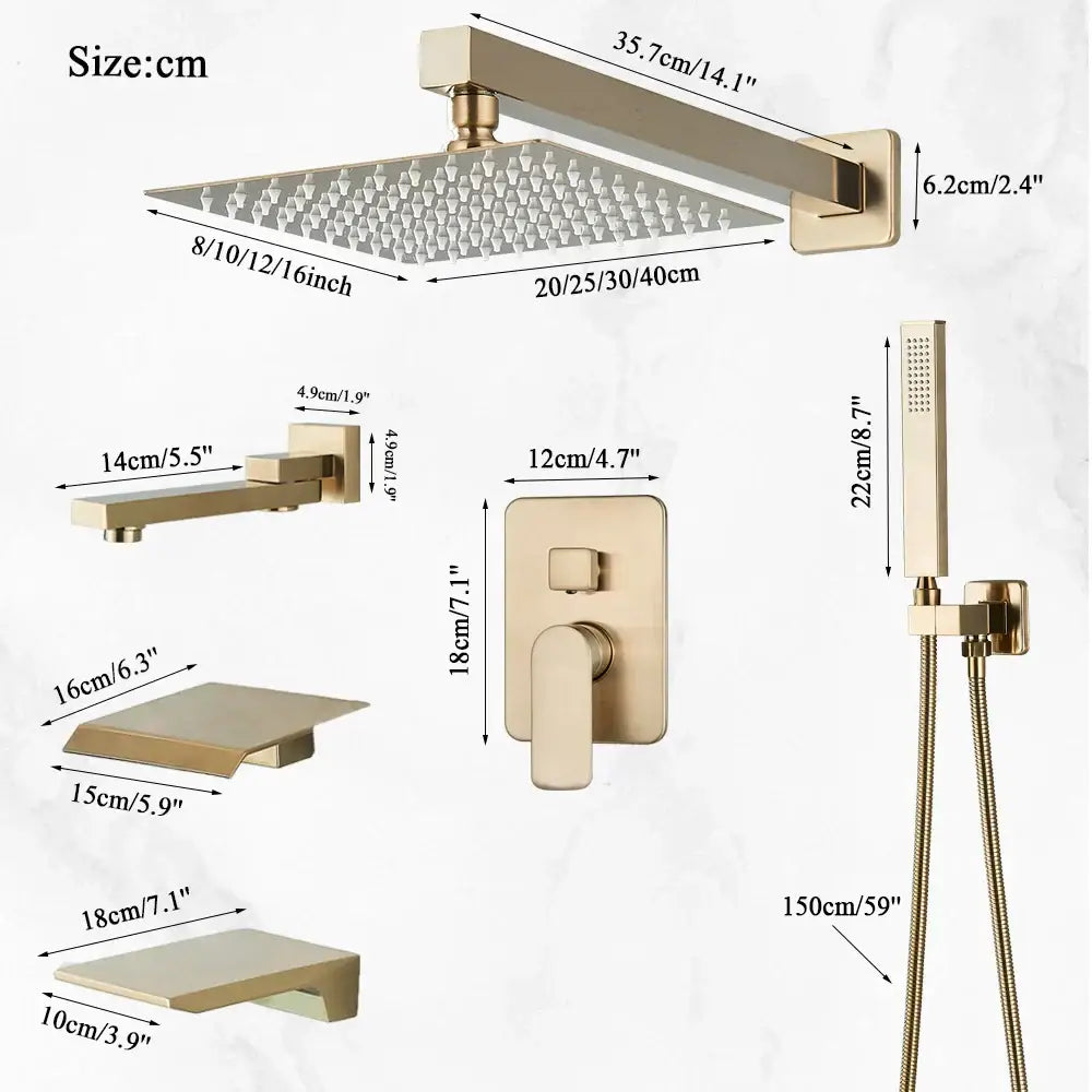 Modern brushed gold square shower faucet set with textured rain shower head featuring minimalist design