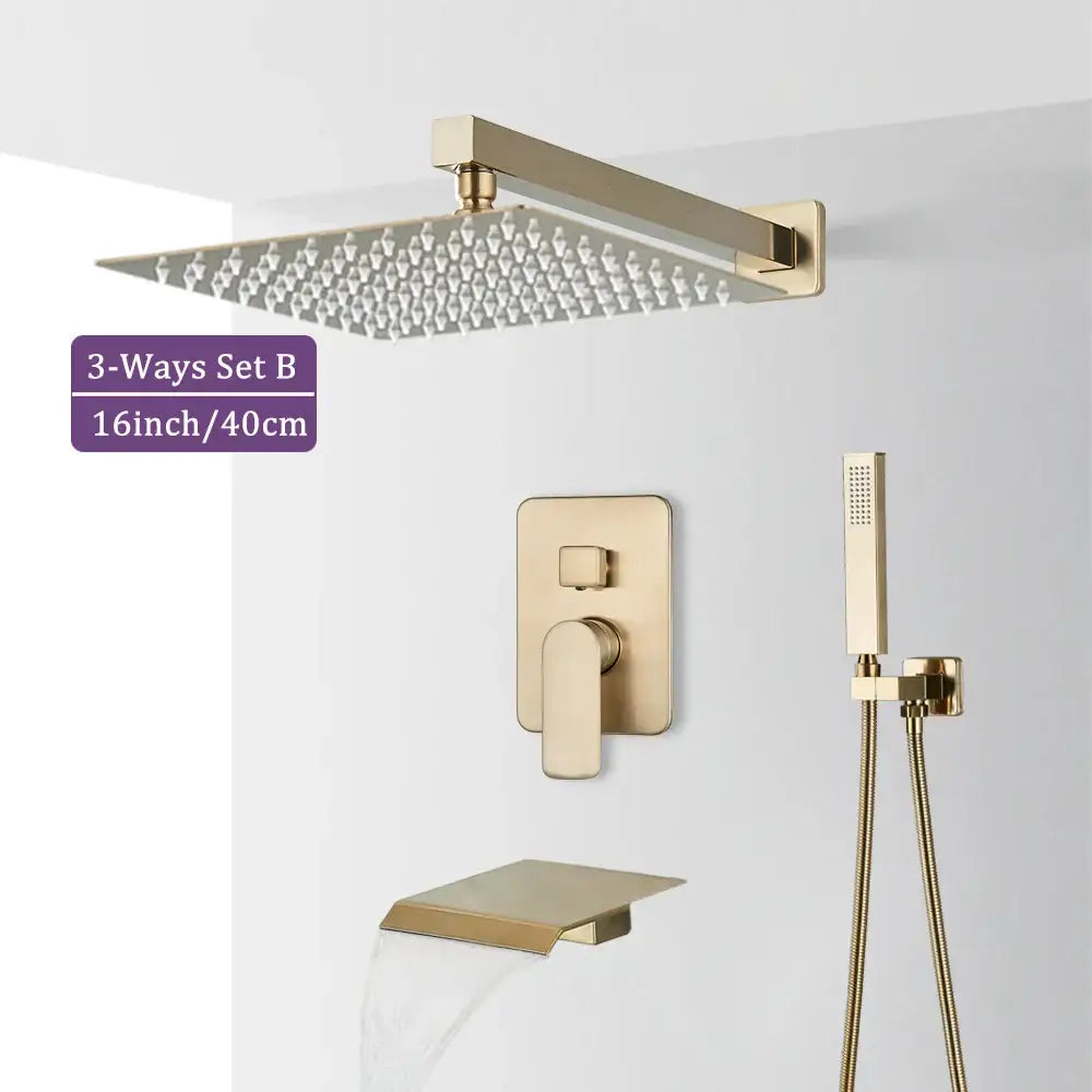Modern brushed gold shower faucet set with gold-toned rectangular rainfall showerhead featuring multiple nozzles