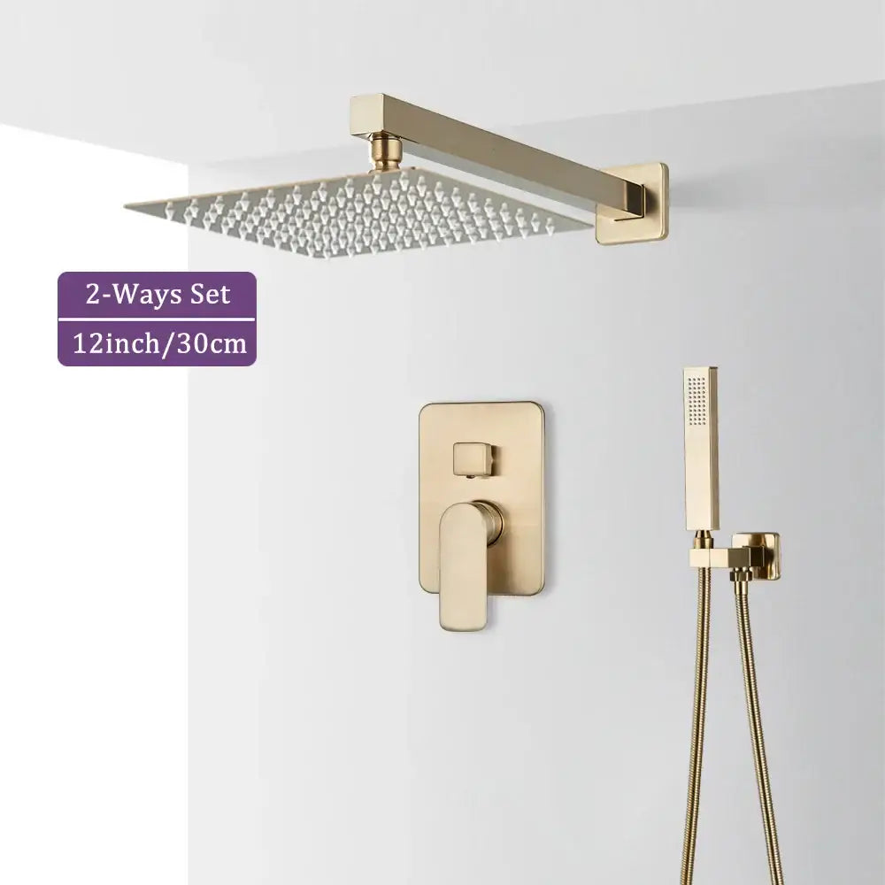 Modern brushed gold square shower faucet set with rainhead, wall-mounted valve, and handheld spray in metallic finish