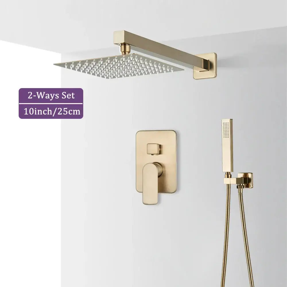Modern brushed gold square shower faucet set with rainfall mixer features wall-mounted valve and handheld showerhead