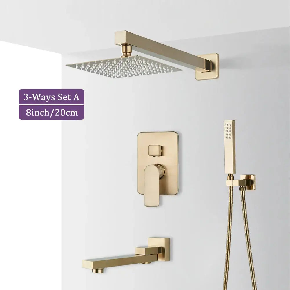 Modern brushed gold square shower faucet set with square rainhead wall-mounted valve and handheld spray nozzle