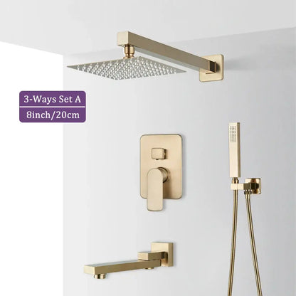 Modern brushed gold square shower faucet set with square rainhead wall-mounted valve and handheld spray nozzle