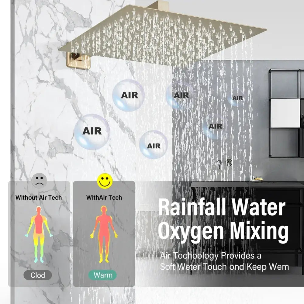 Modern brushed gold square shower faucet set with multiple water jets and air bubbles for rainfall effect