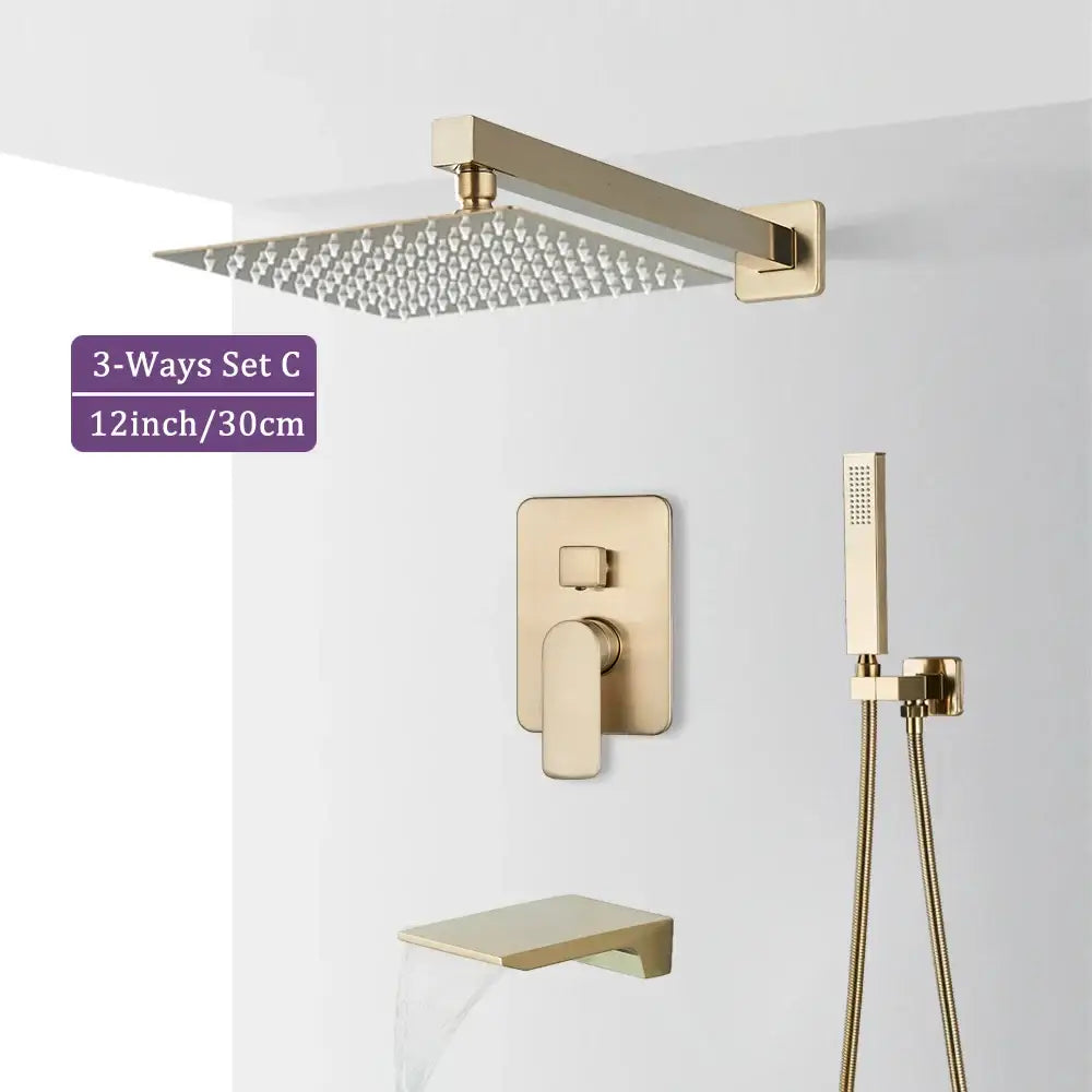 Modern brushed gold shower faucet set with square rainhead wall-mounted valve and handheld shower wand for bathroom use