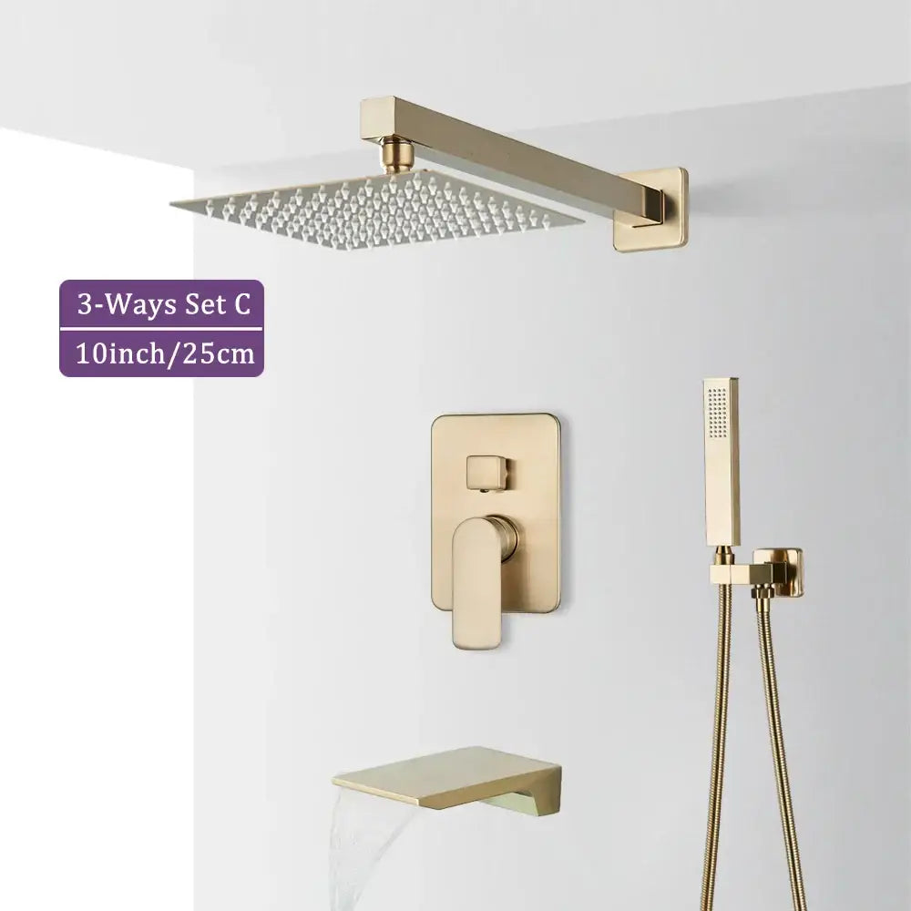 Modern brushed gold square shower faucet set with rainhead wall-mounted control valve and handheld shower wand