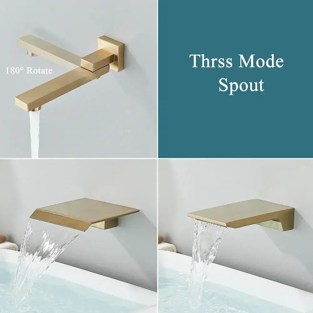Modern brushed gold shower faucet set with wall-mounted angular design and 180° rotating spout for bathroom use