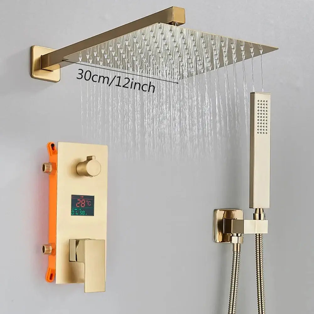 Modern brushed gold shower faucet set featuring a rectangular rain shower head handheld shower and digital control panel