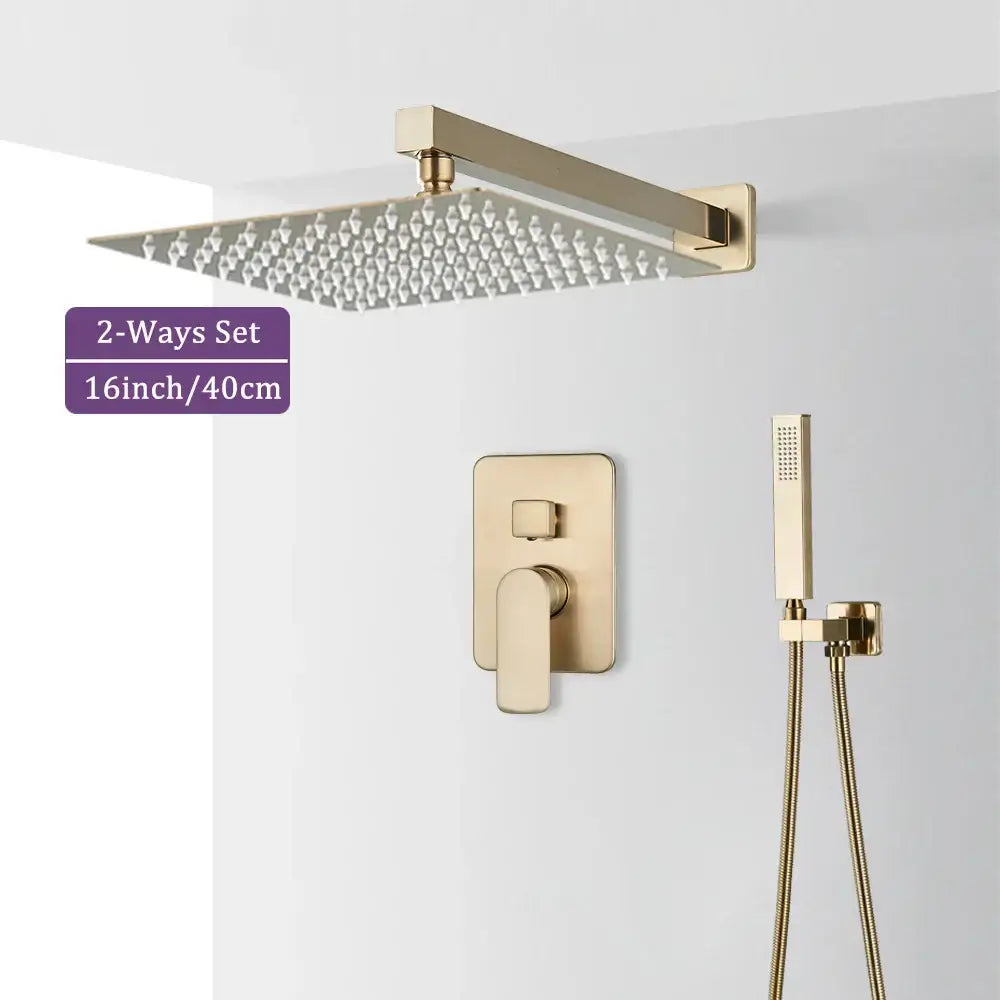 Modern brushed gold shower faucet set featuring a 16-inch square rain shower head with matching valve and handheld showerhead
